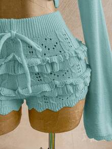 Soleia Conjunto de 2 piezas de suéter corto con mangas acampanadas y hombros descubiertos con lazo, y shorts de unicolor para mujer - verde menta - Ver 5