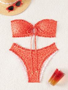 SHEIN Swim Mod 女士夏季新款性感简约印花系带露背比基尼套装，适合海滩度假 - 彩色 - 查看 5