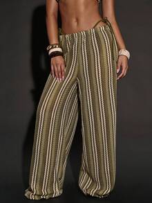 SHEIN BAE 女士弹力腰带条纹宽松度假罩衫裤 - 綠色 - 查看 3