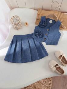 SHEIN Bộ đồ 2 món cho bé gái, thanh lịch, dễ thương, màu mơ, họa tiết hoa, gồm áo hai dây và chân váy xếp ly. - Màu xanh lam - Xem 6