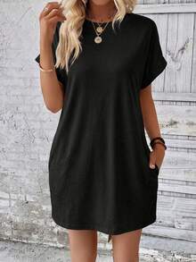 EMERY ROSE Vestido casual de mujer de unicolor, cuello redondo, manga corta y bolsillo - Negro - Ver 5