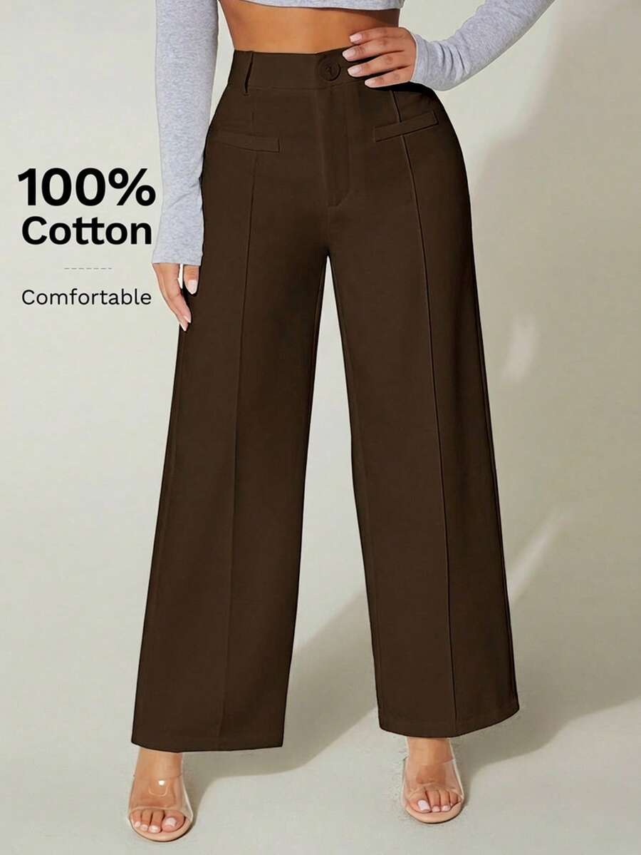 SHEIN PETITE High Waist Wide Leg Summer Dress Pants 100% Cotton - Coffee Brown - View 1