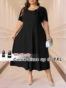 SHEIN CURVE+ Plus Size Women's Solid Color Bow Decor Round Neck Short Sleeve Elegant Mid-Length Dress - Black - View 8