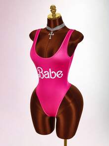 Amplova Shiny Fabric Sexy Plunging Neckline Women's Bodysuit - Hot Pink - View 3