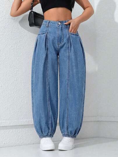 Jeanoix Y2K Women High Waist Pockets Casual Tapered Leg Jeans