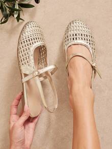 SHUZIA Ladies Elegant Crochet Woven PU Mary Jane Slingback Mules - Gold - View 5
