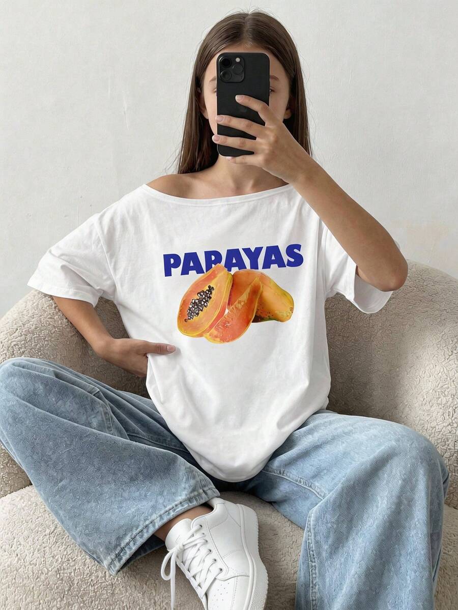 少女字母菠萝印花不对称领短袖T恤 - 白色 - 查看 1