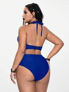 ROMWE Plus Size Gothic Bat Inspired Adjustable Strap Tankini Swimwear 2 Pieces Set - Blue - View 3