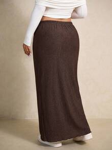 Elaquor Plus Size Women Solid Color Elastic Waist Casual Long Skirt - Brown - View 2