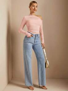 SHEIN BAE Women's Solid Color Minimalist Daily Wear One-Shoulder Asymmetric Ruched Sheer Bandeau Tight Fitting T-Shirt - Pink - View 4