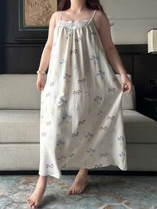 Dazy Plus Casual Floral Print Patchwork Trim Camisole Plus Size Women Spring/Summer Nightgown Pajamas - Apricot - View 6