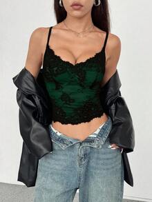 Rina Fox 法式性感蕾丝撞色露背吊带背心女式印花T恤女式上衣 - 綠色 - 查看 5