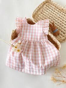 SHEIN Vestido casual y lindo para niñas bebé con cuadros, lazo y volantes en el bajo, adecuado para salidas de primavera/verano, vacaciones, fiestas, cumpleaños y uso diario - Rosa - Ver 5