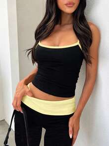 SHEIN EZwear Bộ áo hai dây buộc eo màu vàng kem và đen gồm áo hai dây và quần, thích hợp cho mùa xuân/hè. - Màu vàng - Xem 3