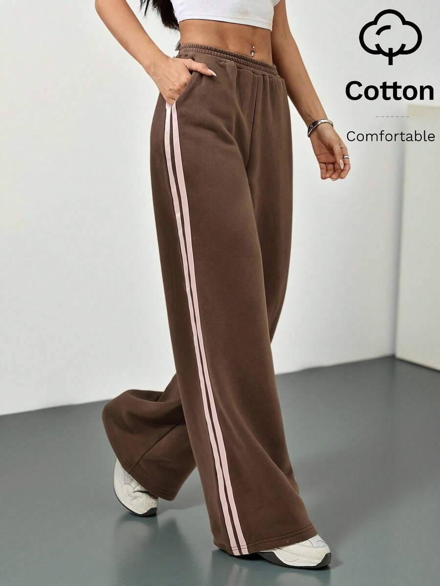 SHEIN PETITE 阔腿撞色侧缝慢跑裤，休闲、机场、居家、返校、秋季、圣诞节、冬季、感恩节皆宜