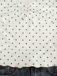 Airaco 白色波点蕾丝V领短袖T恤女款，褶皱腰部荷叶边下摆露脐甜辣风上衣 - 白色 - 查看 4