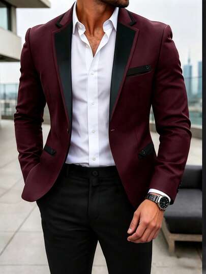 Manfinity Mode Men's Business Casual Single-Breasted Suit Jacket And Pants Set, Burgundy Contrast Black Design, Visually Striking With Layered Styling, Suitable For Commuting, Parties And Banquets. This Suit Set Is An Indispensable Versatile Item In A Man's Wardrobe, Making It An Excellent Gift For Boyfriends Or Husbands,Men Old Money,Daily Leisure, Weekend Trips, Outdoor Activities, Travel Expeditions, Relaxed Work Environments Or Semi-Formal Occasions, Boyfriend/Husband Gift, Anniversary /Birthday Gift Party Summer Vacation Holiday,Wedding,Spring To Summer,Easter,Y2k,Vintage,Men's Slim Fit Burgundy Suit Jacket With Black Lapel Formal Blazer,Suits For Men Slim Fit,Man Formal Outfit,Mens Luxury Outfits,Stylish Clothes For Men,Nice Outfits For Men