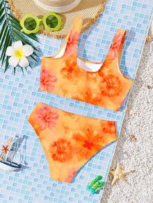 Tween Girl Casual Minimalist Floral Print Camisole And Triangle Bikini Swimwear Set, Suitable For Summer - Multicolor - View 2