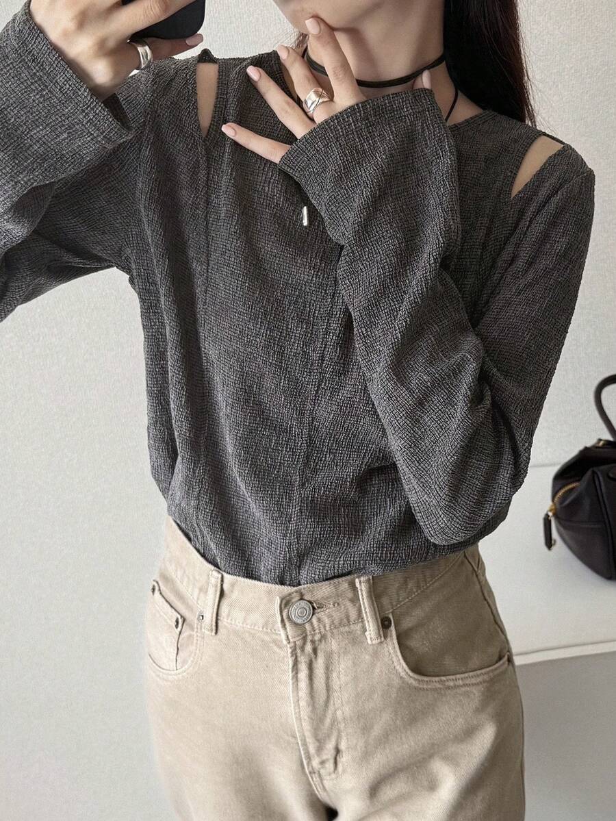 FRIFUL 女士纯色休闲长袖T恤,露肩分叉上衣,夏季服装 - 黑色 - 查看 1