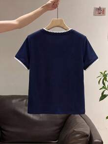 Resyla Áo thun nữ tay ngắn cổ chữ V viền tương phản, thích hợp mặc hàng ngày đi làm hoặc đi nghỉ mát, mùa hè. - Màu xanh hải quân - Xem 2