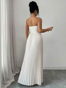 Elenzga Vestido elegante sin tirantes de unicolor con diseño de metal y dobladillo plisado para mujer - Albaricoque - View 2