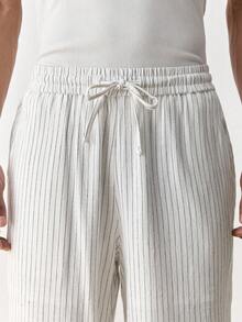 SWAVVY Pantalones casuales de hombre con cordón en la cintura, bolsillos en diagonal y rayas - Blanco - Ver 3