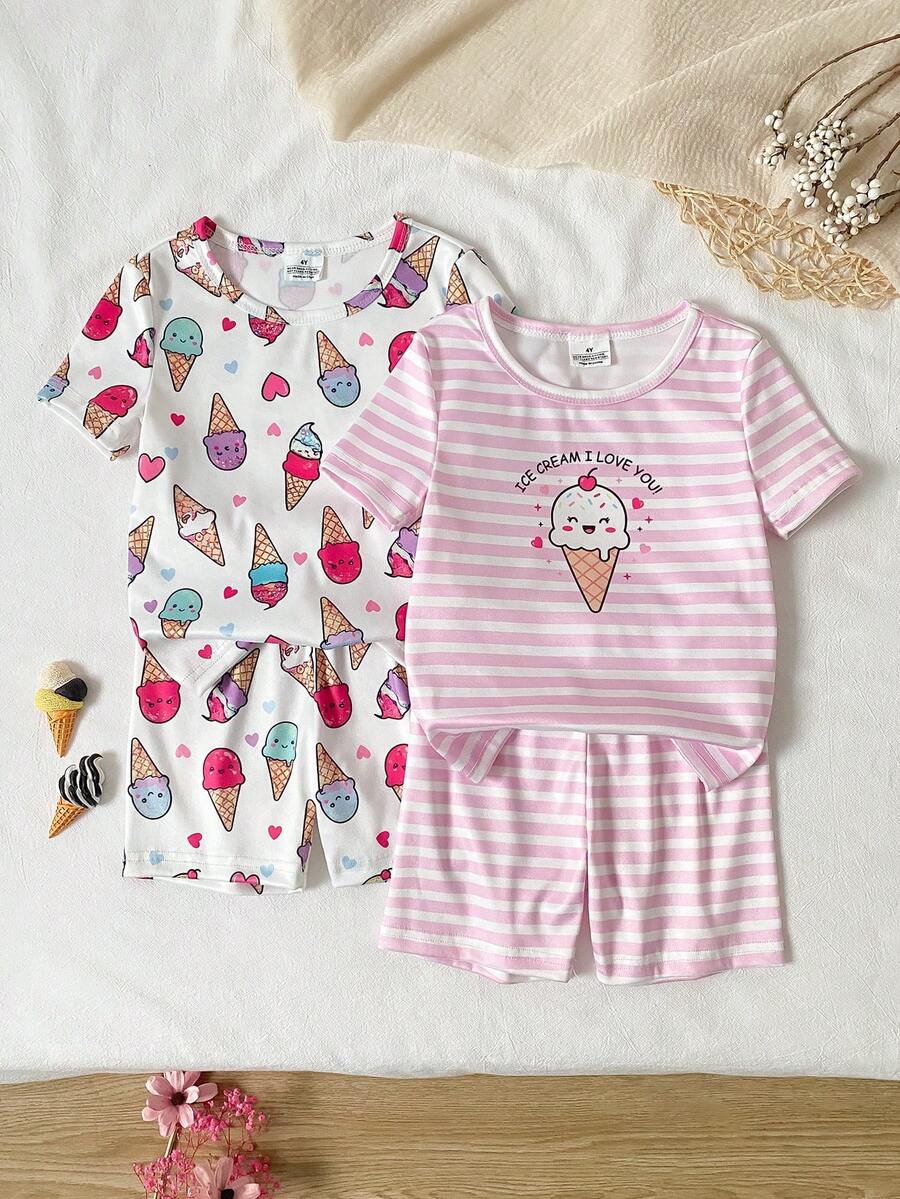 SHEIN 春夏软萌四件套女童幼儿套装，可爱甜美冰淇淋爱心条纹印花，休闲舒适柔软修身短袖短裤家居服套装 - 粉色 - 查看 1