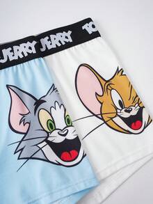TOM & JERRY X SHEIN 2条/套 女士字母卡通印花休闲日常三角裤 - 藍白色 - 查看 4