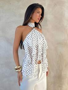 Aloruh Women's Elegant Multi-Layer Ruffle Trim Stand Collar Fitted Tank Top - Black and White - View 3