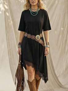 SHEIN LUNE 女士休闲纯色蕾丝拼接夏季度假通勤日常基本款时尚不对称下摆短袖中长连衣裙 - 黑色 - 查看 7
