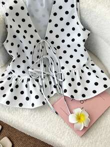 Resyla Áo hai dây buộc phía trước in họa tiết chấm bi dáng casual dành cho nữ, thích hợp cho mùa hè. - Nhiều màu - Xem 4