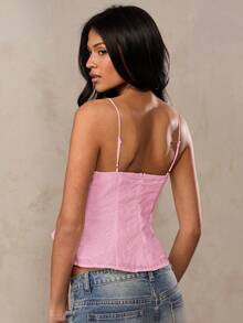 SHEIN BAE Áo hai dây croptop màu trắng, chất liệu pha lanh, thêu hoa 3D, thích hợp cho mùa hè, đi biển, kỳ nghỉ ở miền Nam nước Pháp, Ibiza, Ý. - Màu Hồng baby - Xem 2