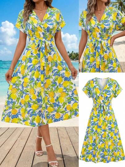 Ellevyn Vestido de vacaciones con cintura ceñida, estampado de limón y cuello en V elegante para mujer, adecuado para uso al aire salidas