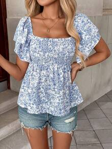 SHEIN PETITE Women's Floral Print Ruffle Hem Short Sleeve Vacation Chic Boho Blouse,Petite Women Vacation Blue And White Summer - Blue - View 1