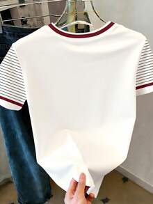 Cute Retro Red Striped Heart Print Pattern, Tween Girls Casual Minimalist Short Sleeve Round Neck T-Shirt, Suitable For Summer - Multicolor - View 2