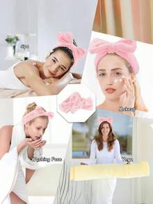 Bộ 3 băng đô spa gồm 1 băng đô rửa mặt, 2 băng đeo cổ tay và 3 băng đô khác, màu hồng nhung mềm mại, có nơ, thích hợp cho nữ và bé gái, dùng trong chăm sóc da, trang điểm, tắm rửa và làm đẹp. - Nhiều màu - Xem 7
