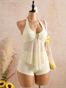 Bellisia Swim Chic Elegant Spaghetti Strap Tankini Swimwear, Metal Decor Mesh Splice Vacation Style Bikini Set - Light Yellow - View 3