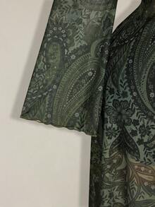 SHEIN ICON Plus Size Women Paisley Pattern Red Tie Front Blouse - Green - View 8