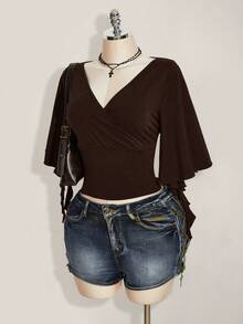 SHEIN ICON Plus Size Women V-Neck Flare Sleeve Ruched T-Shirt - Brown - View 5