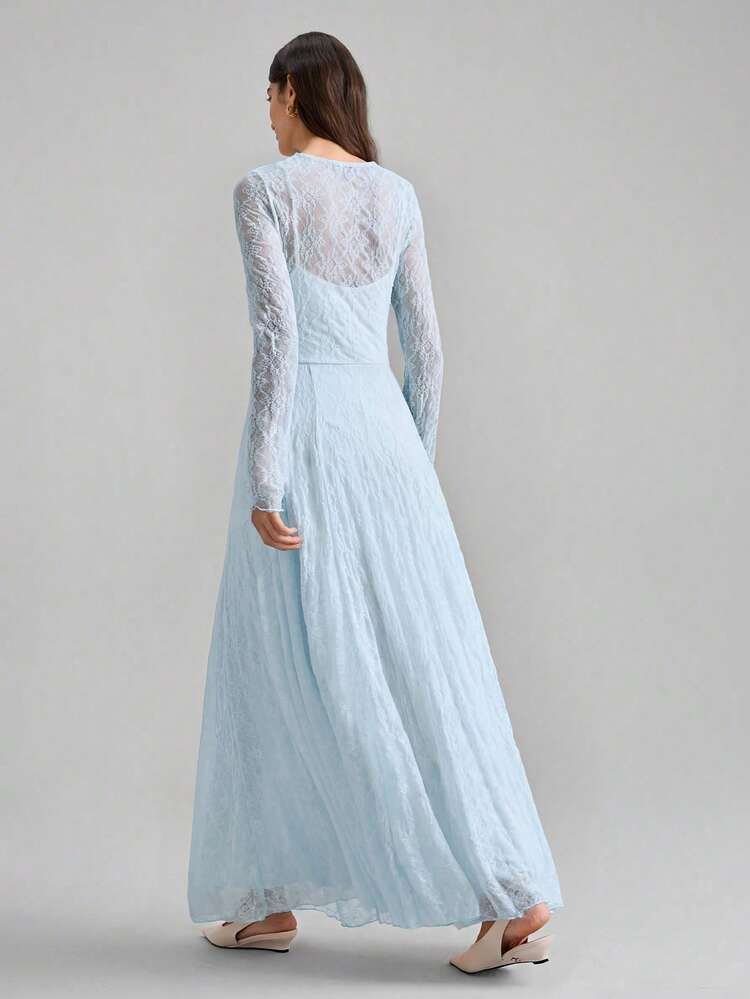 Women's Blue & White Lace Long Sleeve Casual Dress