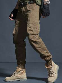 Manfinity Homme Men's Casual Solid Color Drawstring Cargo Pants Mens Cargo Joggers Cargo Pants For Men Military Cargo Pants Pants For Men Casual - Mocha Brown - View 4