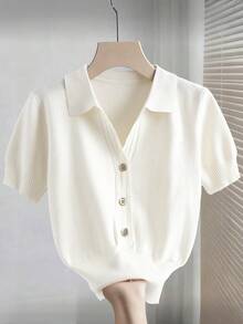 Franclia Pulover tricotat cu mânecă scurtă, croială slim fit, cu guler și nasturi, design color block, casual, purtat zilnic, culoare solidă - Bej - Vizualizare 1