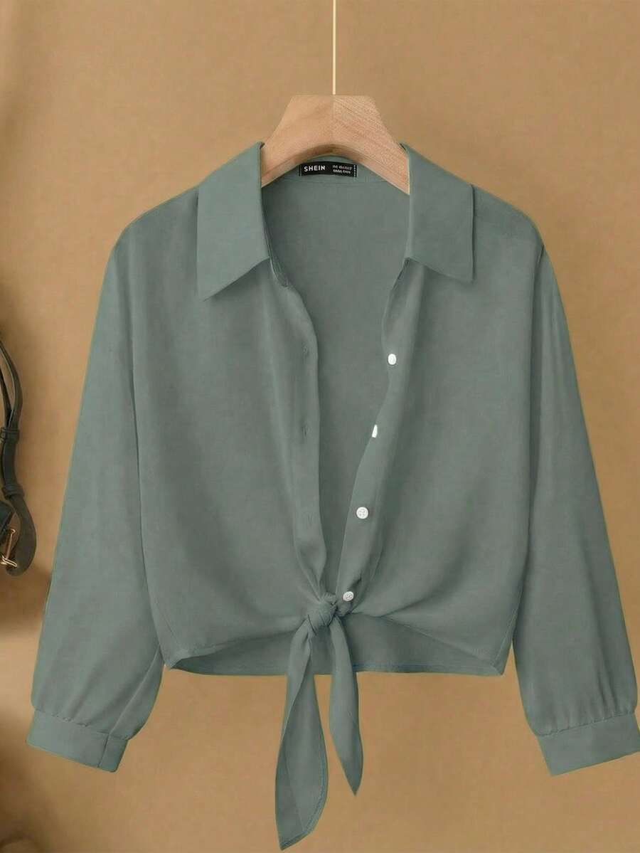 Franclia 法式优雅编织翻领长袖系带开衫，新款夏季白色女式衬衫 - 霧霾藍 - 查看 1