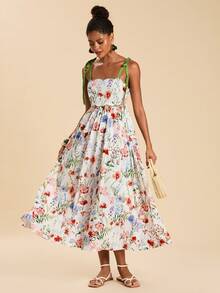 Travachic Women's Floral Print Embroidered Romantic Tie Waist Dress,Afternoon Tea,Elegant Dresses For Women,Beach Cruise Vacation, City Road Trip Vacation, Boho Vacation, Music Festival, Beachwear, Easter, Beach For Woman, Vacation Women, Concert Women, Tropical Vacation Woman, Holiday, Bohemian,Tropical Vacation, Bohemian Outfits, Ibiza Outfits, Western Style,Summer Dresses For Women - Multicolor - View 3