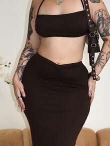 Arliah Sexy zweiteiliges Set mit rückenfreiem einfarbigem Crop Top und Rock - Kaffeebraun - Übersicht 6