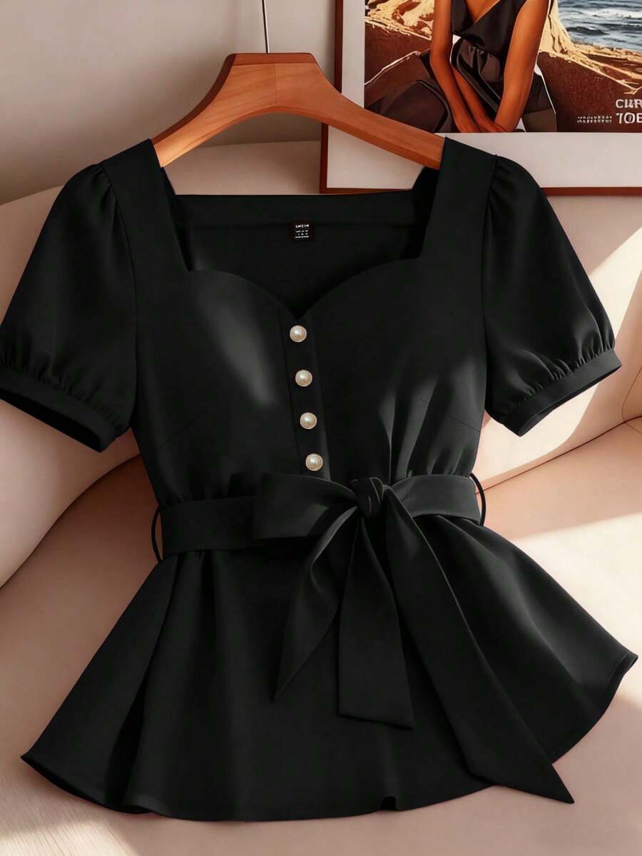 GlowEve CURVE 大码梭织优雅简约通勤女式衬衫 - 黑色 - 查看 1