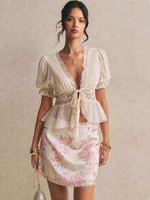 Poéselle Women's White And Pink Floral Satin Lace-Trim Mini Skirt,Summer Casual Party High-Waist Cottagecore Y2K Elegant Beach Holiday Easter Outfit - Multicolor - View 6