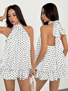 SHEIN PETITE Váy ngắn hở lưng họa tiết chấm bi thanh lịch dành cho nữ - trắng - Xem 3
