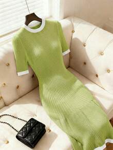 SHEIN 新款春秋季性感修身优雅淑女风高品质针织毛衣连衣裙 - 綠色 - 查看 4