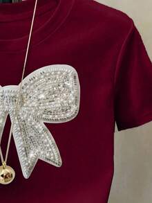 Girls' Short Cropped T-Shirt, Burgundy, Fitted, Cute White Rhinestone Bow Decor, Versatile All-Match Tee, Suitable For Outings, Spring/Summer - Burgundy - View 5